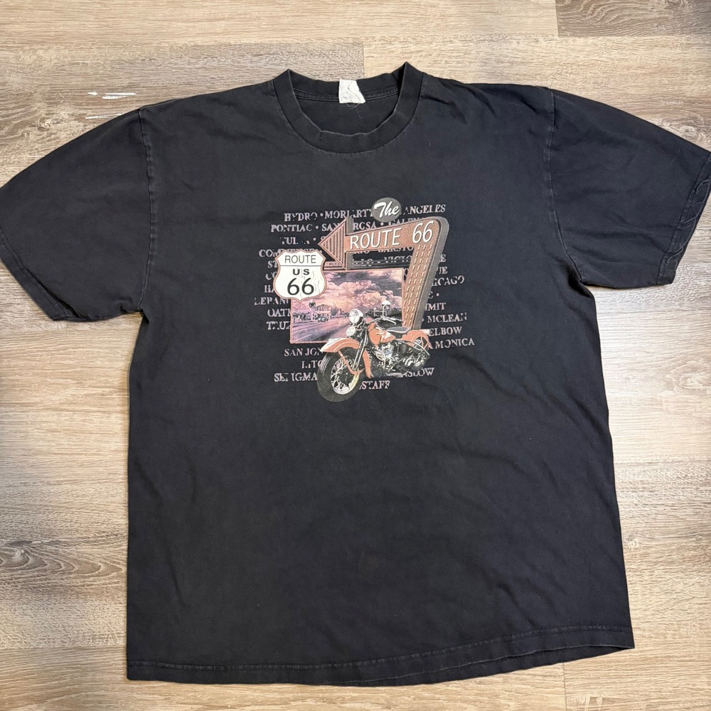 Vintage‎ Route 66 Motorcycle Graphic T-Shirt Black Anvil Cotton Mens Large USA